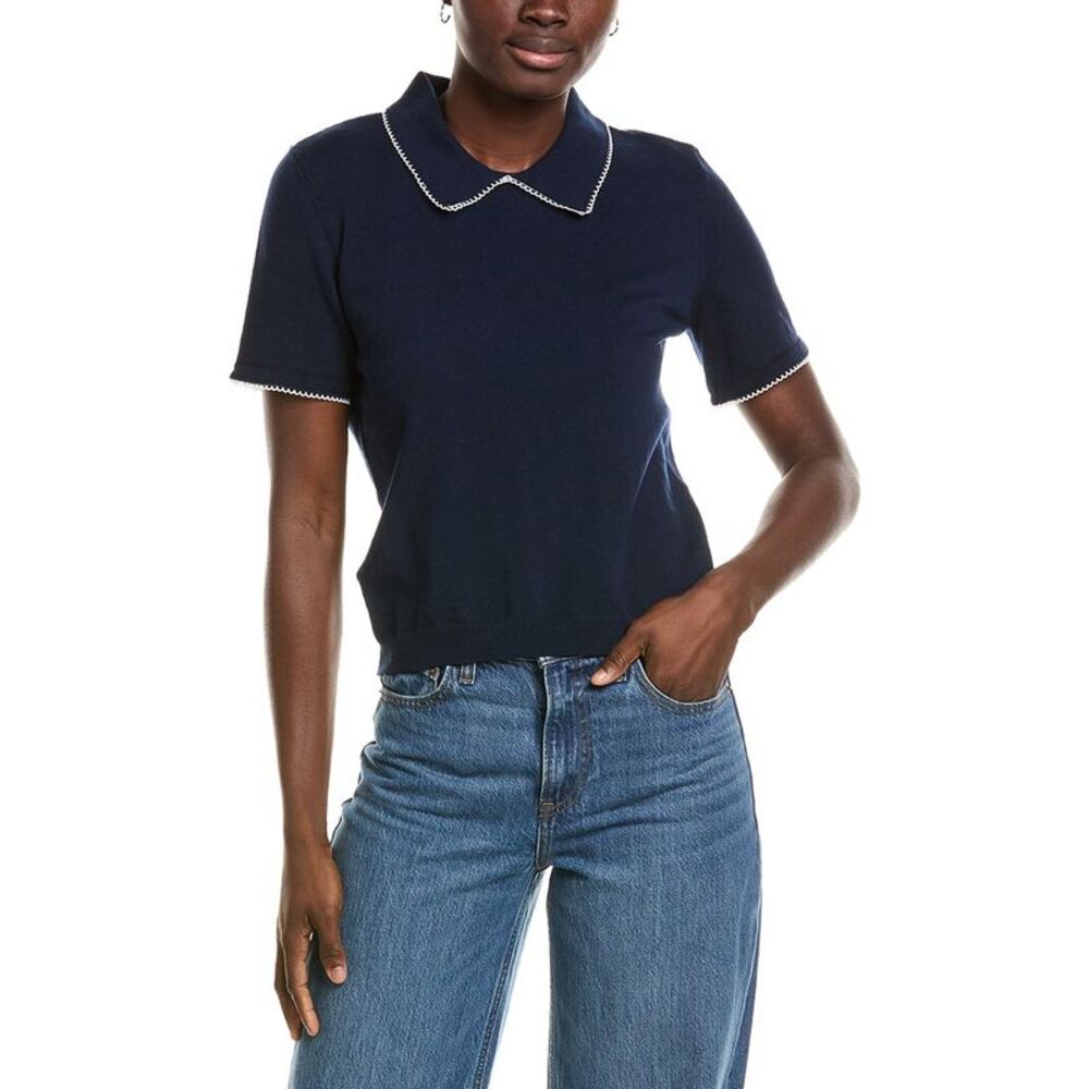Cece Womens  Contrast Trim Collared Sweater, Navy